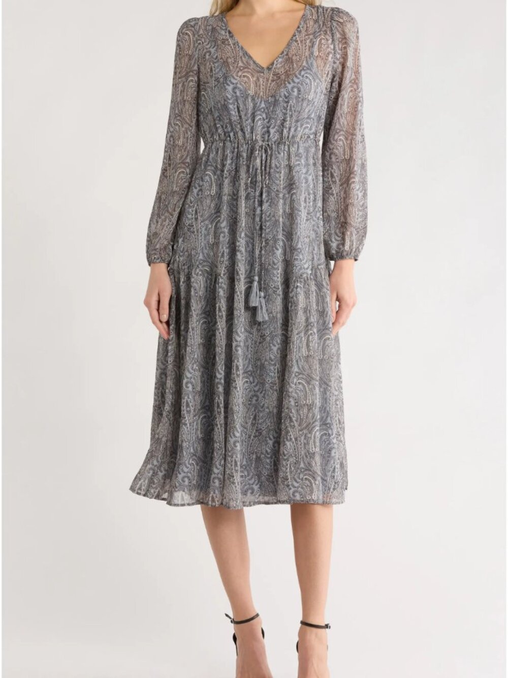 Lovestitch Grey Paisley Long Sleeve Chiffon Midi Dress NWT Size M